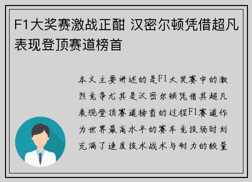 F1大奖赛激战正酣 汉密尔顿凭借超凡表现登顶赛道榜首